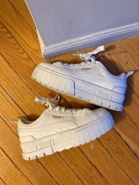 Puma White Chunky Platform Sneakers with Gold Logo